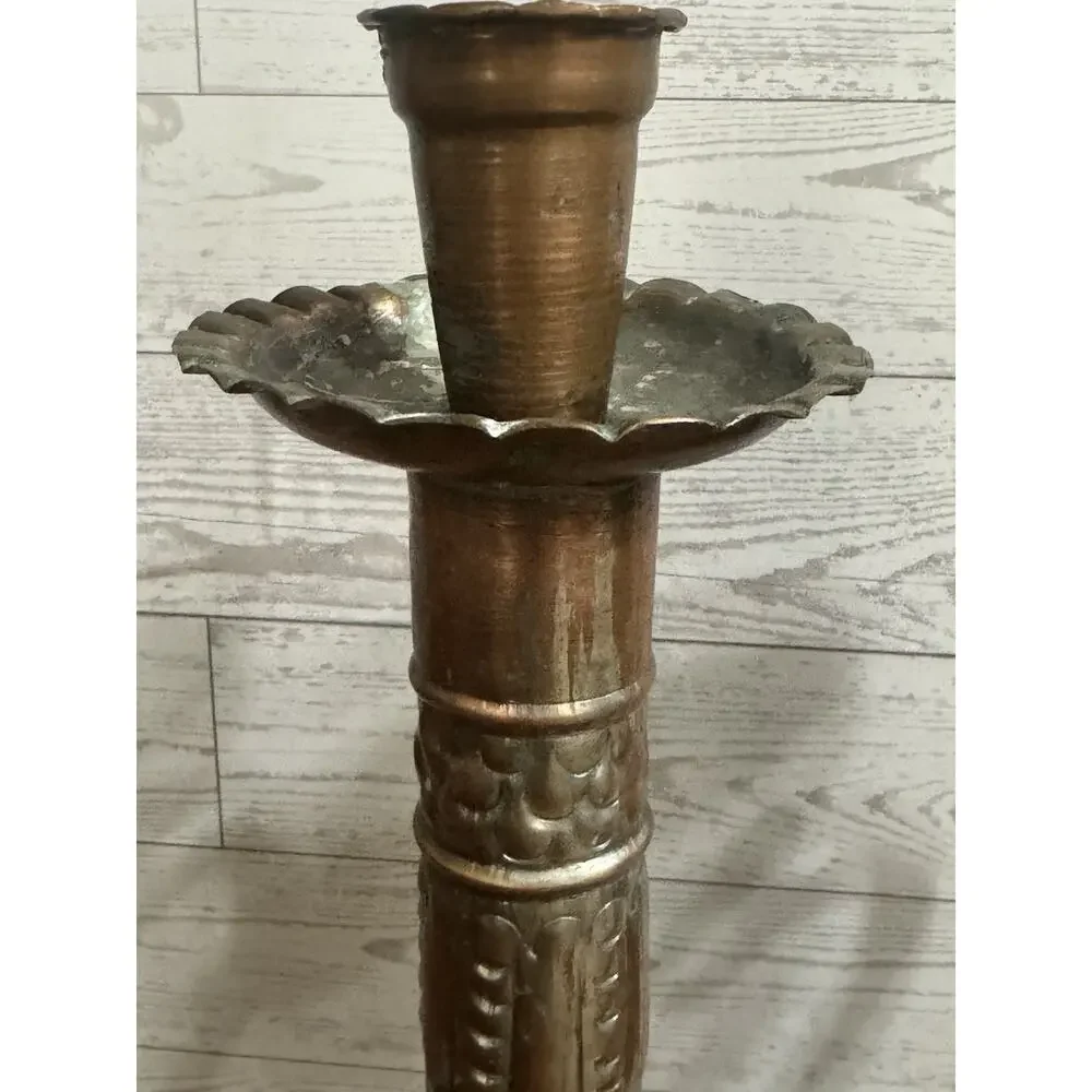 2 Large Metal Ornate Candlesticks with Handle Great Patina